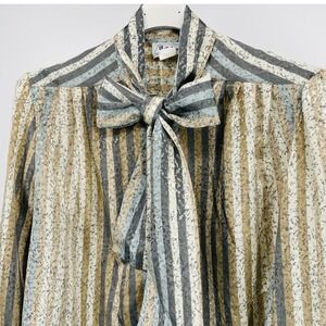 Notations‎ Vintage Women's Striped Satin Bow Blouse, shoulder pads/puffs Size 14